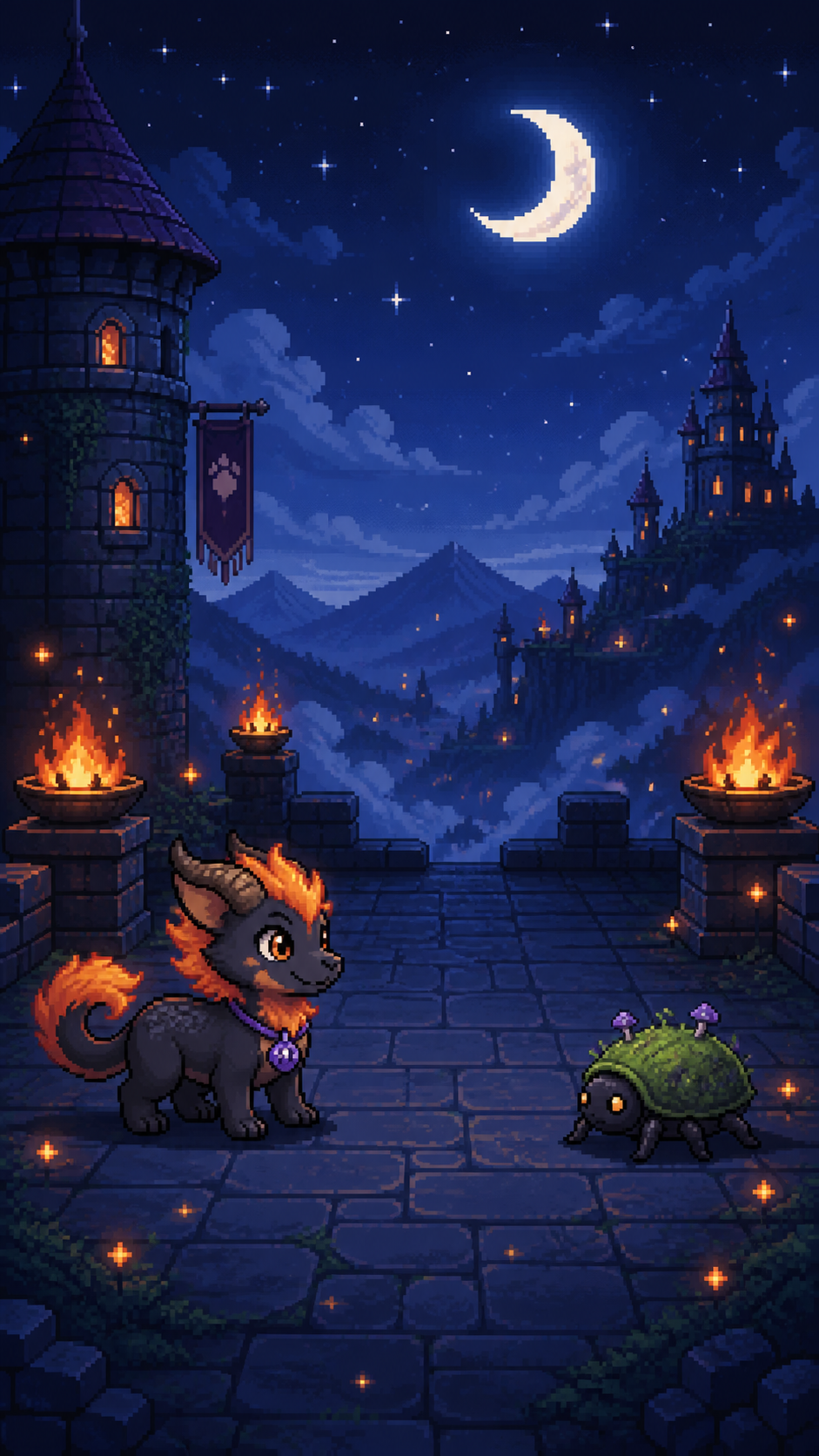 Ember, a small charcoal dragon dog with an ember-orange mane, on a moonlit stone tower rooftop.